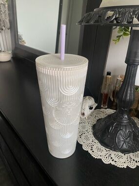 Starbucks Pearl White Textured Tumbler with Lilac Straw